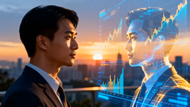 商务人士与虚拟数据人像对视2722#横屏 