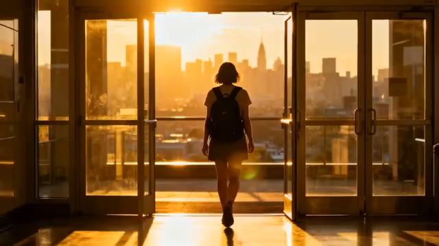  女孩逆光走出玻璃门望向城市552#横屏 	 