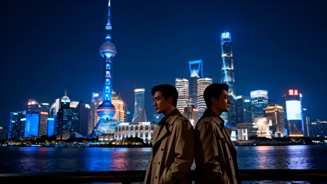 上海外滩夜景前的两人背影891#横屏 