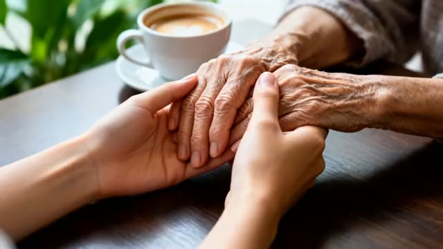  年轻人与老人手牵手画面2644#横屏 	 