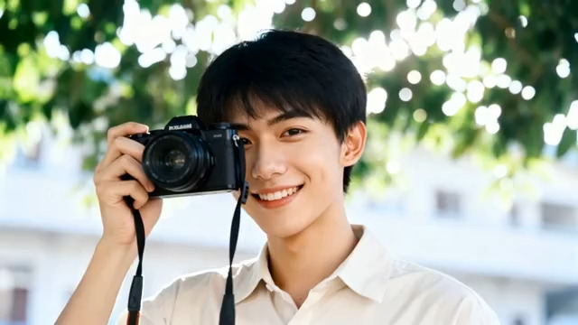  男子手持相机户外微笑拍摄2546#横屏 	 - 