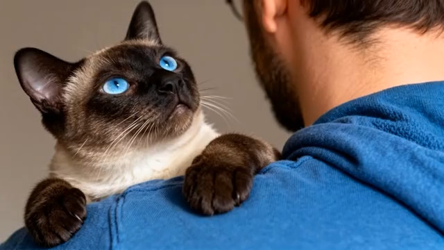  男子肩头的暹罗猫互动画面393#横屏 	 