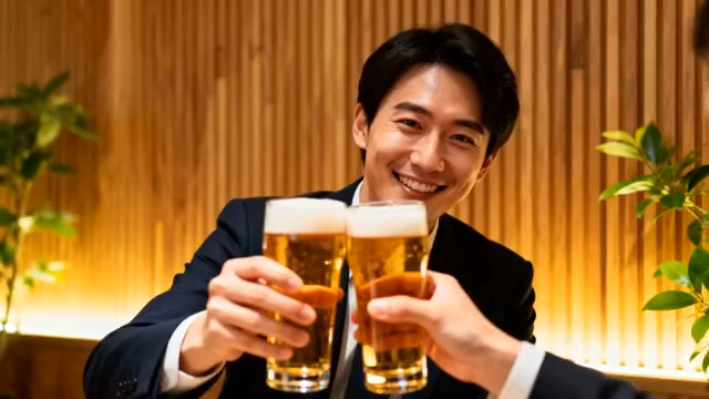  男士餐厅举杯畅饮啤酒画面1974#横屏 	 