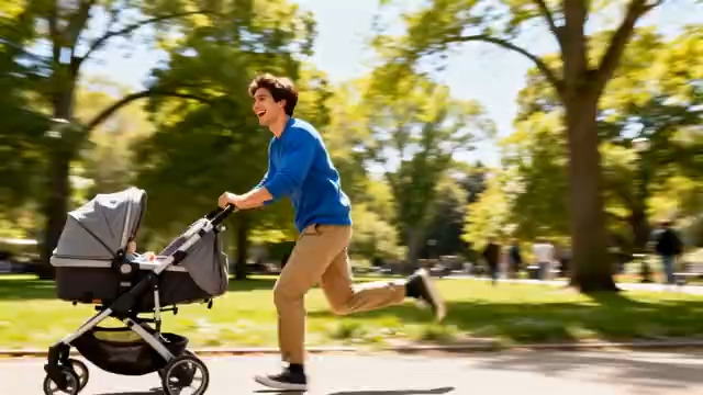  男子公园推婴儿车奔跑2721#横屏 	 - 