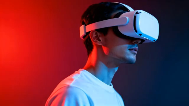  男子佩戴眼镜体验虚拟现实(1)1919#横屏 	 