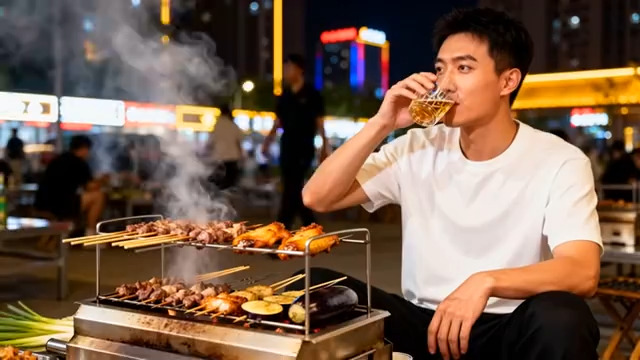  男子夜市烧烤摊喝啤酒1407#横屏 	 