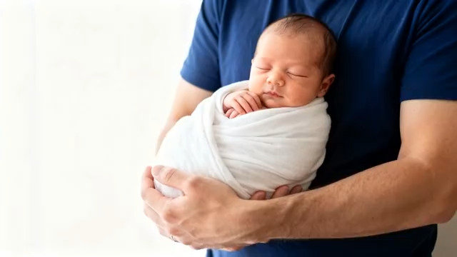  男子怀抱熟睡新生儿1123#横屏 	 