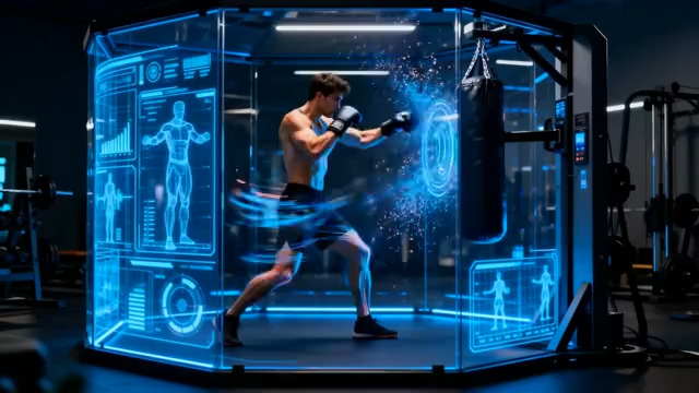  男子在科技感空间内拳击训练821#横屏 	 