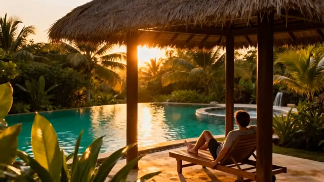  男子泳池畔躺椅休憩场景2467#横屏 	 - 