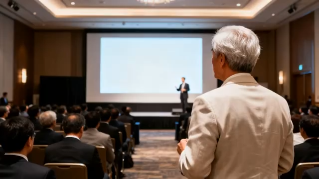 商务会议中老者聆听演讲场景3204#横屏 