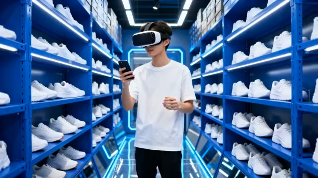  男子在鞋店使用设备体验23#横屏 	 