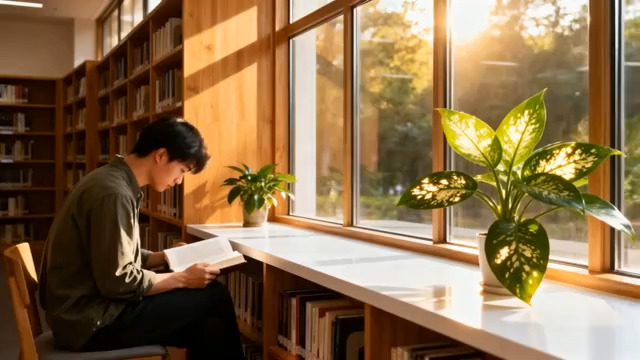  男子图书馆窗边安静阅读2159#横屏 	 