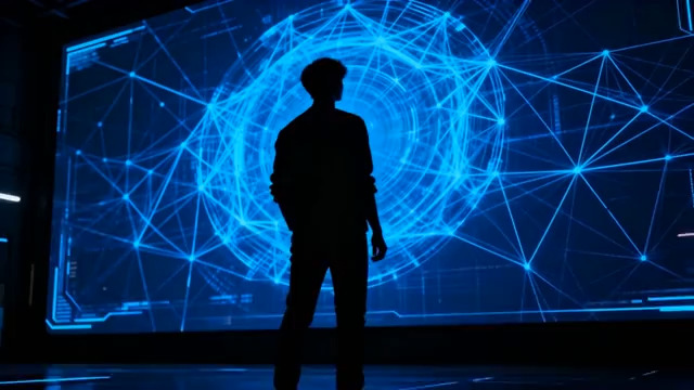  男子站立于科技感蓝色背景前565#横屏 	 -