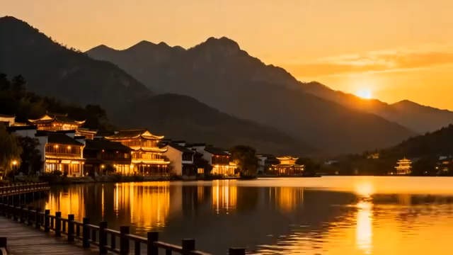 山水间古建筑群黄昏景致4936#横屏 