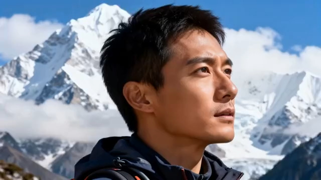  男子雪山前眺望的画面812#横屏 	 