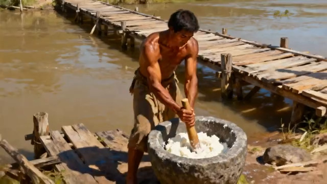  男子河边石臼舂制食物素材840#横屏 	 