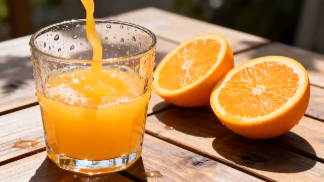  木桌橙汁倒入玻璃杯素材2154#横屏 	 