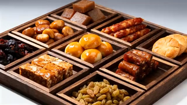  木盘盛放多样中式点心美食1480#横屏 	 - 