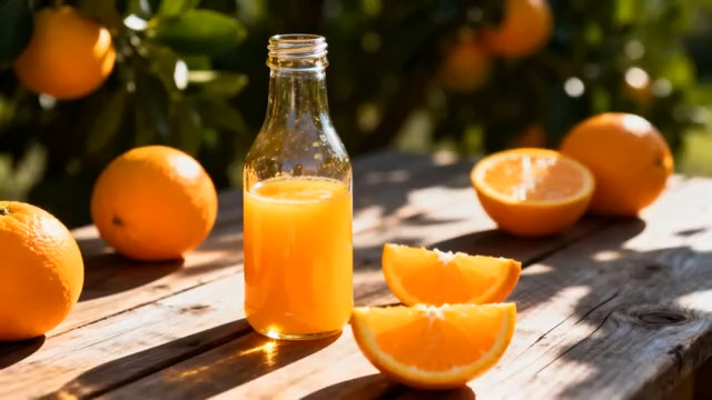  木桌上瓶装橙汁与橙子素材2478#横屏 	 