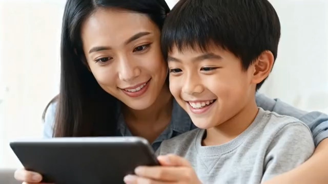  母亲与孩子一同使用平板电脑15#横屏 	 