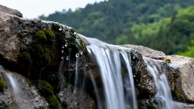 山间岩石上的水流特写3631#横屏 