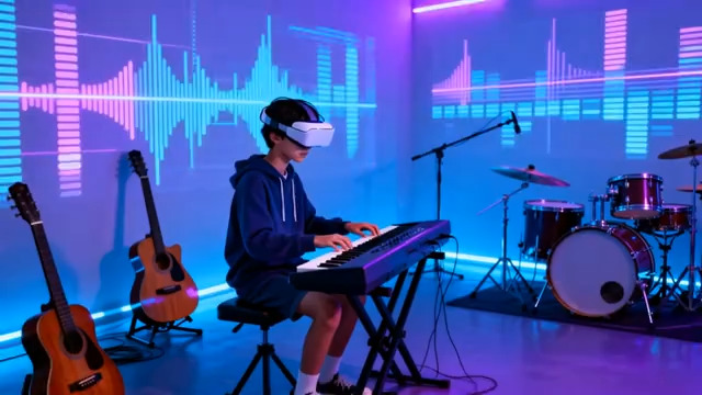  男孩戴眼镜弹奏电子琴1423#横屏 	 