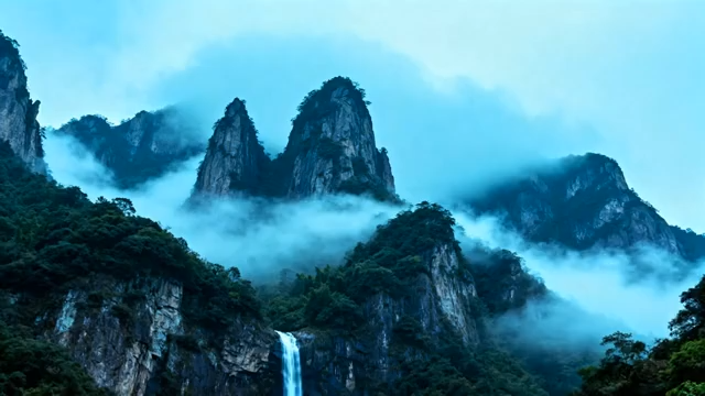 山间云海瀑布自然风光3985#横屏 