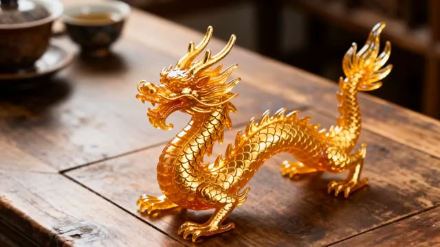  木质桌面上的金色龙形摆件623#横屏 	 