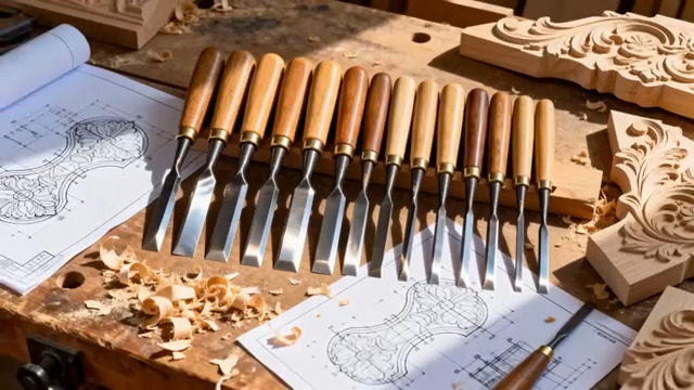  木工雕刻工具与木雕作品1506#横屏 	 