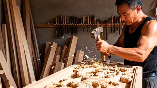  木工匠人木雕制作场景1432#横屏 	 -