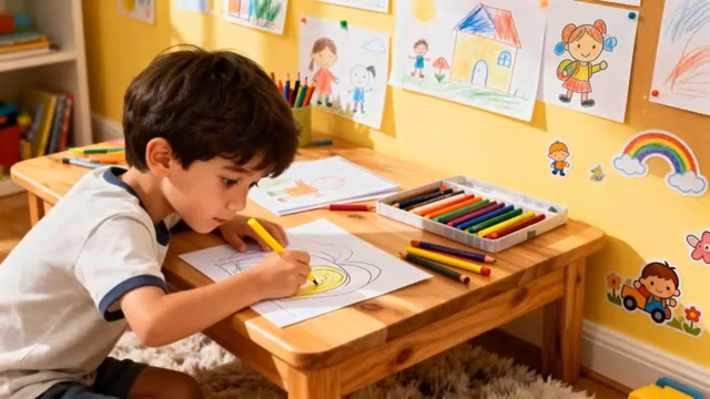  男孩在房间内用彩笔绘画647#横屏 	 