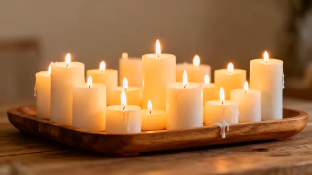  木盘上燃烧的多支蜡烛387#横屏 	 