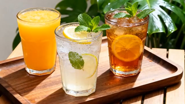  木托盘上的三杯特色饮品837#横屏 	 