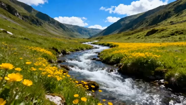 山间溪流与黄花草地风景433#横屏 