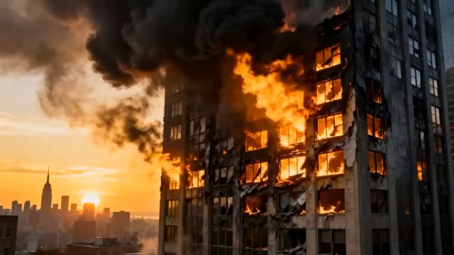  摩天大楼火灾现场日落景象656#横屏 	 