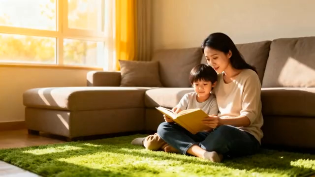  母亲与儿童室内阅读场景2693#横屏 	 