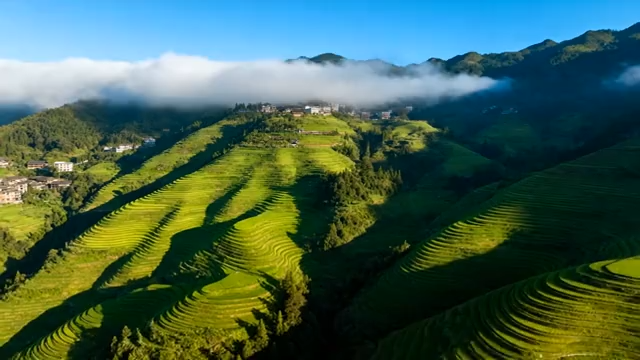 山间梯田与云雾风光2678#横屏 