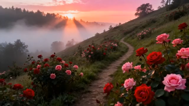 山间玫瑰小径日出美景4203#横屏 