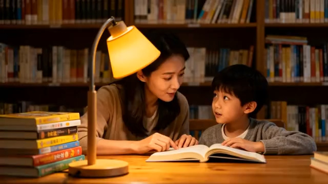  母亲陪伴孩子看书的温馨场景212#横屏 	 