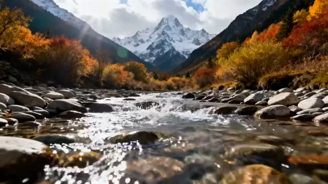 山间溪流与秋色雪山景观3645#横屏 