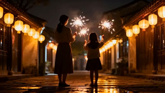  母女古街手持烟花同框画面696#横屏 	 