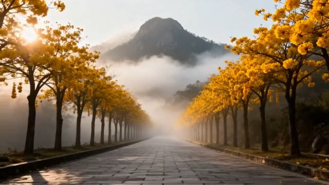 山间黄花树林道路风景2544#横屏 