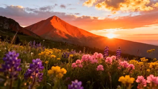 山间日落时分的花草与远山5248#横屏 