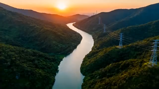 山间河流与输电线路日落景象2558#横屏 