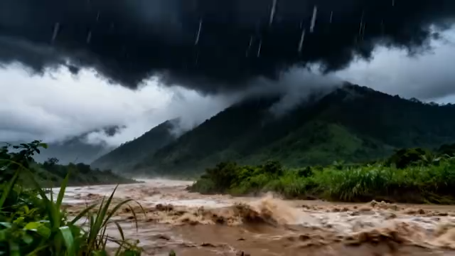 山间暴雨洪水自然景象4342#横屏 