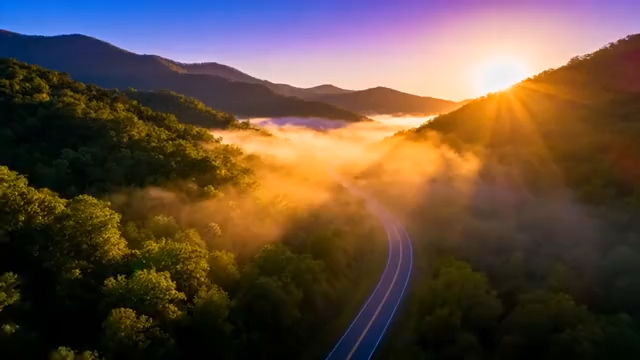 山间公路日出森林云海景象2350#横屏 