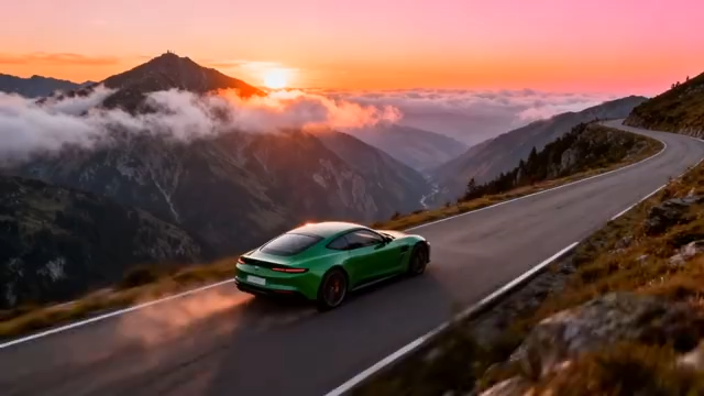 山间公路行驶的绿色跑车600#横屏 