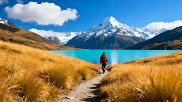  旅行者漫步雪山湖畔小道2254#横屏 	 