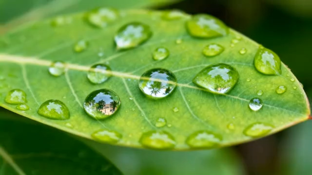  绿叶上晶莹的水滴特写(1)3029#横屏 	 