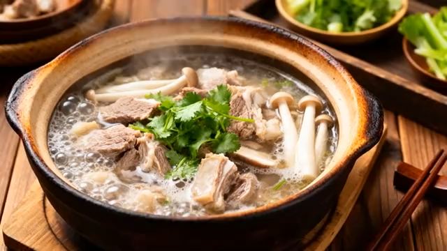 砂锅中炖煮的羊肉菌菇汤5545#横屏 